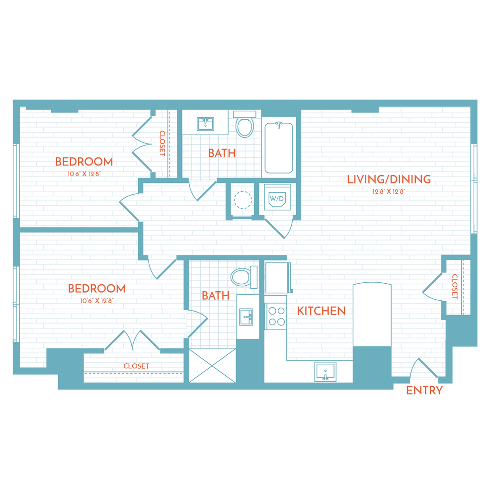 Floor plan layout diagram for F2.1 | 2 Bed | 2 Bath